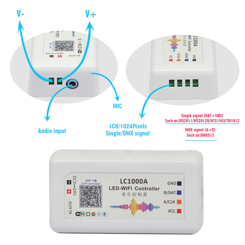 DC7-24V LC-1000A LED WiFi Music Spectrum Android Controller, For DMX512, LPD6803,WS2811,WS2812B, WS2801 Addressable LED Strip Lights, APP Surport Input Content, Google Play Download